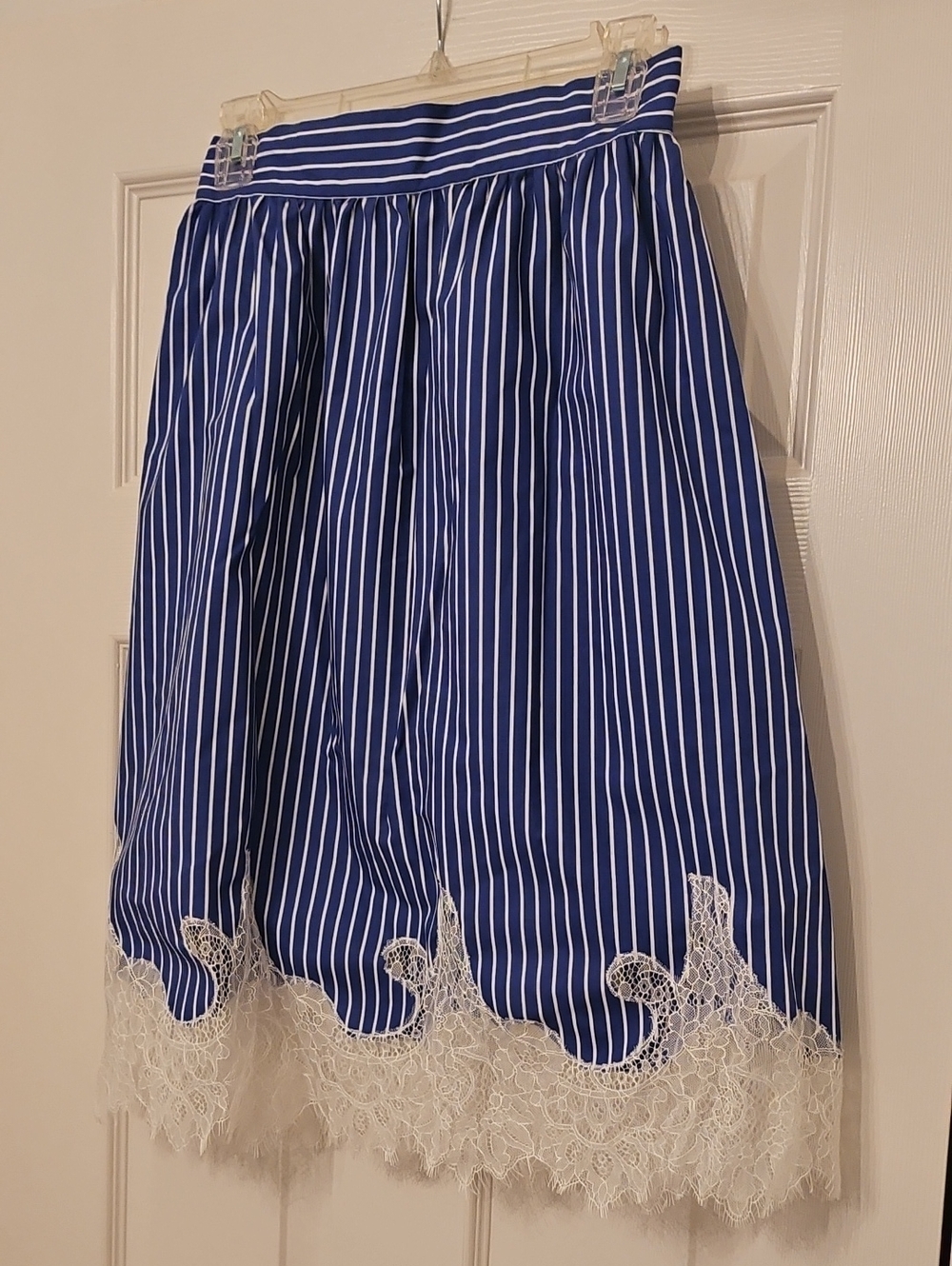 Zara Navy and White Striped A-Line Skirt with Lace Trim
